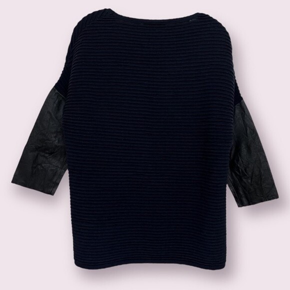 Sandro Paris Wool Sweater Ribbed Navy Black Leather Sleeves Womens Size Small - Picture 2 of 9